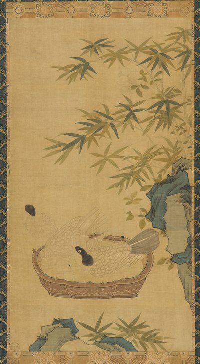 Tapestry: doves bathing in a bowl, rocks and bamboos, Possibly Ming dynasty, 1368-1644 by Unbekannt