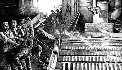 Tapping a blast furnace and casting iron into pigs by Unbekannt