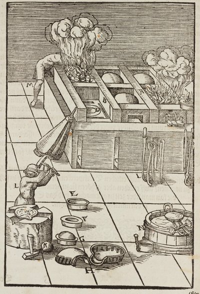 Technique and Instruments for Heating Silver Ore - Engraving from Description of Ores and Principal Mining Methods, by Lazarus Ecker by Unbekannt