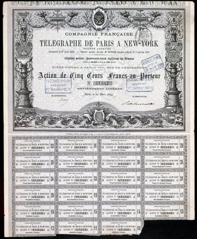General Paris-New York Telegraph Share Certificate, 27 March 1879 by Unbekannt