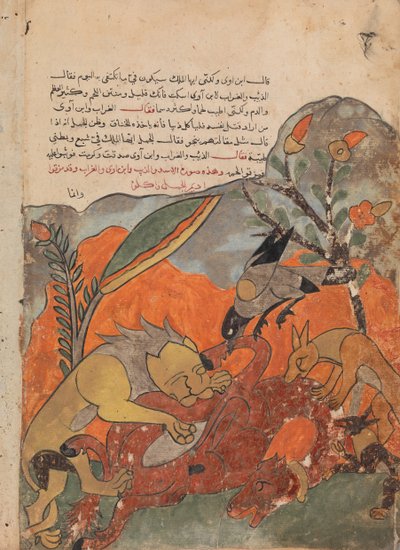 The Attack on the Camel by the Lion, Crow, Wolf, and Jackal, Folio from a Kalila, 18th century by Unbekannt