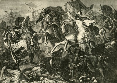 The Bishop of Ratisbon at the Battle of Augsburg, Battle of Lechfeld 955 by Unbekannt
