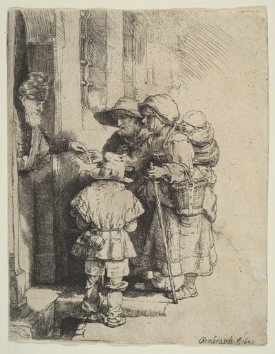 The Blind Hurdy-Gurdy Player and Family Receiving Alms by Unbekannt