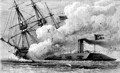 The Confederate Ironclad Merrimac Sinking the USS Cumberland, 1862 c1880 by Unbekannt
