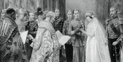The Duke of York placing the ring on Lady Elizabeth Bowes-Lyon