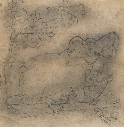 The Elephant King Wrestles a Crocodile: Illustration from a Gajendramoksha Series, late 19th century by Unbekannt