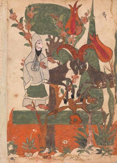 The Fox and the Battling Rams Observed by the Ascetic, Folio from a Kalila wa Dimna by Unbekannt