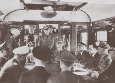 The German and French delegations inside a railroad car at Compiègne for the signing of France