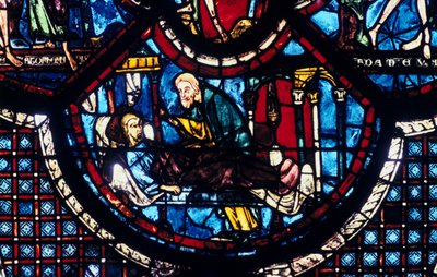 The Good Samaritan Cares for the Pilgrim, Stained Glass, Chartres Cathedral, France by Unbekannt