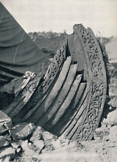 The Oseberg Ship in the Mound, Showing the Carving on Stem and Railing by Unbekannt