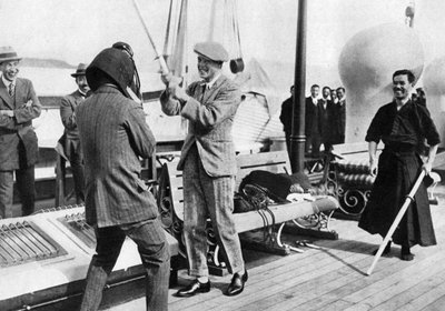 The Prince of Wales Testing a Japanese Fencing Helmet, Japan by Unbekannt