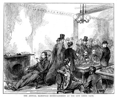 The annual blindfold entertainment at the city chess club, 1876 by Unbekannt