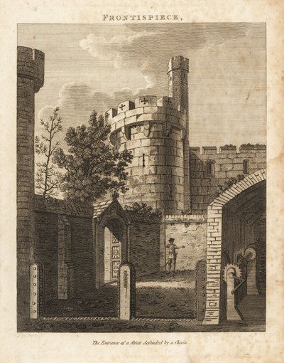 The entrance of a street defended by a chain in grooves in posts and raised by a windlass at right by Unbekannt