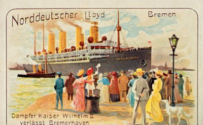The giant SS Kaiser Wilhelm II pulls away from the quayside at Bremerhaven, Germany, 1905 by Unbekannt