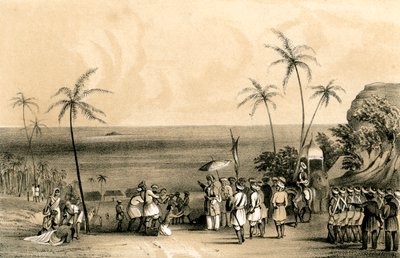 The merchants of Calicut seized and chained to a barren rock by order of Tippoo Saib, 1847 by Unbekannt