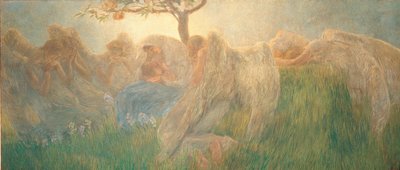 The Mother Wearing a Veil on Green Grass with Flowers and Trees Embraces the Son During Breast-Feeding by Unbekannt