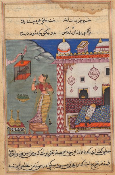 The Parrot Addresses Khujasta at the Beginning of the Twenty-Seventh Night, Recto of Folio 185 by Unbekannt