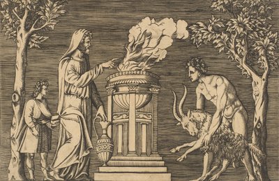 The Sacrifice of a Ram Held by a Naked Man at Right, Hooded Priest at Left by Unbekannt