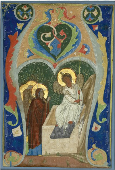 Three Maries and the Fiery Angel at the Tomb. Initial, ca 1310 by Unbekannt