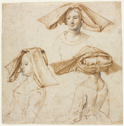 Three Studies of a Woman Wearing an Elaborate Headdress, c. 1500 by Unbekannt