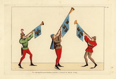 Three heralds with trumpets adorned with fleur-de-lis standards by Unbekannt
