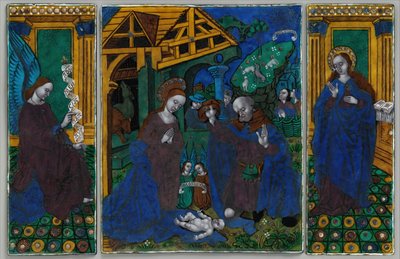 Three plaques from a triptych with the Adoration of the Shepherds... by Unbekannt