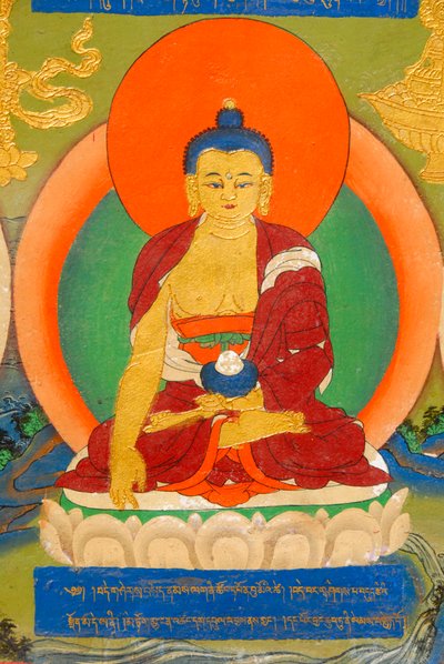 Tibetan Buddhism; colorful mural depicting the Buddha in meditation; Bhumisparsha Mudra; Bhumisparshamudra summoning mother earth; Palace of Panchen Llama; Tashilhunpo Monastery; Shigatse; Himalayas; Tibet Autonomous Region; People