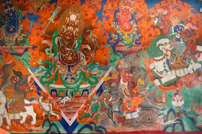 Tibetan Buddhism; old wall painting in the assembly hall; demon fighting with bows and arrows; Trakthok Gompa Monastery; Sakti near Leh; Ladakh district; Jammu and Kashmir; India; South Asia; Asia by Unbekannt