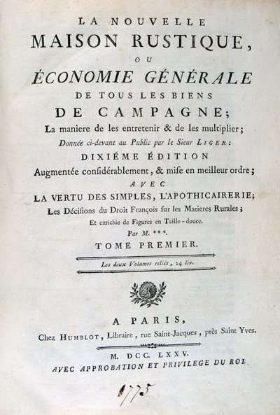 Title Page to La Nouvelle Maison Rustique, ou Economie Générale by Unbekannt