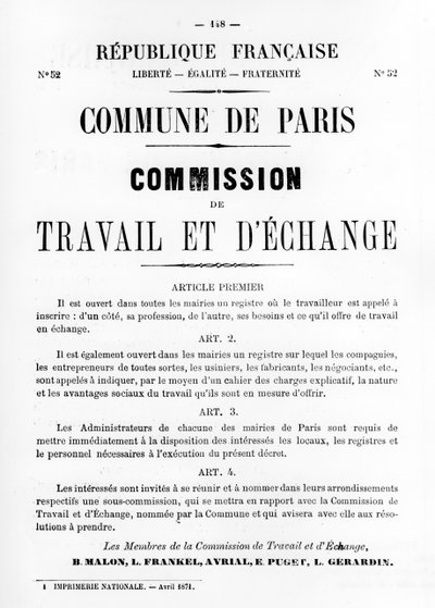 Travail et Echange, from French Political Posters of the Paris Commune, May 1871 by Unbekannt