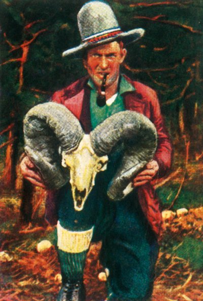 Trophy-hunter holding Bighorn sheep skull by Unbekannt