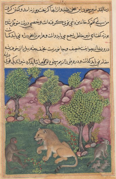 Tuti-Nama Tales of a Parrot: Tale XXVIII: The Monkey Advises the Suspicious Lion, c. 1560 by Unbekannt