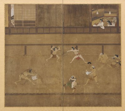 Two-panel screen depicting wrestlers by Unbekannt
