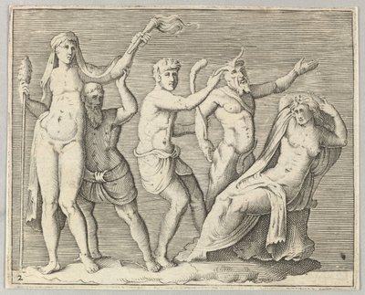 Two Figures, a Faun, and a Satyr Approach a Reclining Woman by Unbekannt