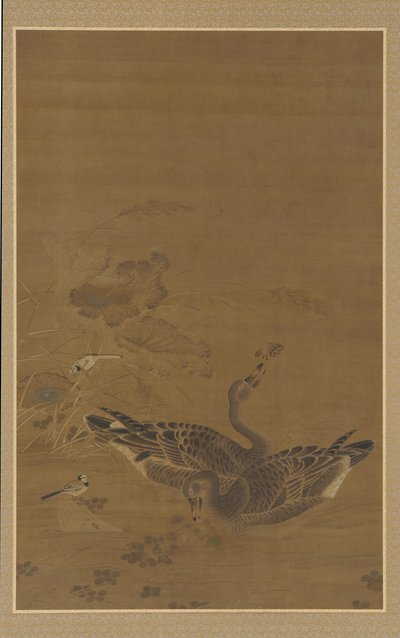 Two Geese Feeding in a Lotus Pond by Unbekannt
