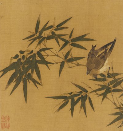 Two Birds Swinging on a Branch of Bamboo by Unbekannt