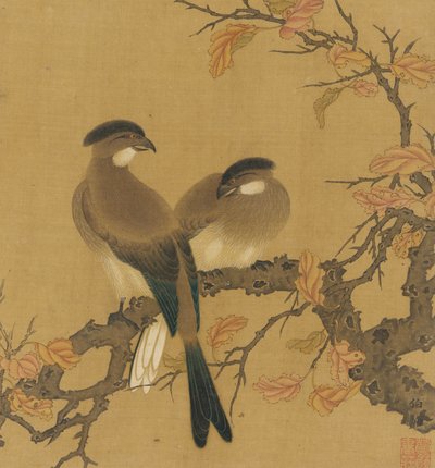 Two Crested Birds on a Branch, Autumn Leaves by Unbekannt