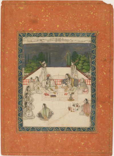 Two Women Seated on a Terrace, Surrounded by Attendants and Musicians by Unbekannt