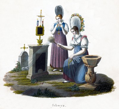 Two Women Standing Before a Headstone in a Graveyard, c1800 by Unbekannt