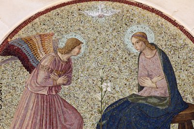 Tympanum mosaic depicting the Annunciation in Madonna della Scala Benedictine abbey, Noci, Apulia, Noci, Italy by Unbekannt