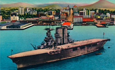 U.S. Navy Plane Carrier at Anchor at Foot of Broadway. San Diego, California by Unbekannt
