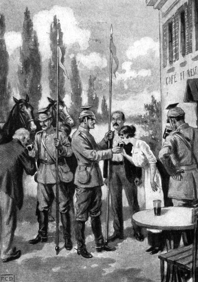 Uhlans demanding refreshments from Belgian villagers, First World War by Unbekannt