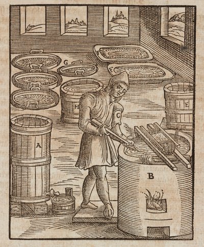 A Man Tests Saltpeter, Used in Gunpowder and Meat Preservation - Engraving from Description of Ores and Principal Mining Methods, by Lazarus Ecker by Unbekannt