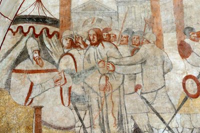 Vault de Lugny church. 16th century wall painting: Christ in his passion. Christ before Pilate, France by Unbekannt
