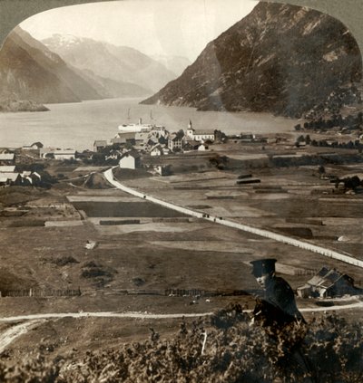 Village roofs and sunny fields of Odde, N. up the narrow mountain-walled Sorfjord, Norway by Unbekannt