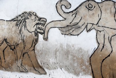 Voodoo Wall Painting on the Akodessewa Fetish Market: Elephant and Lion by Unbekannt