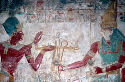 Wallpainting (detail) of Sethos I before Horus, Temple of Sethos I, Abydos, Egypt by Unbekannt