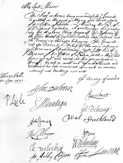 Warrant from the Council of State to the Lord Mayor of London, desiring him and the Aldermen to attend the proclamation of Oliver Cromwell as Lord Protector of the Commonwealth of England, Scotland, Ireland & the Dominions on 19 December by Unbekannt