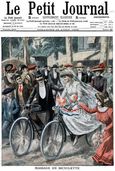 Wedding party on bicycles led by the bride and bridegroom, Nice, France, 1909 by Unbekannt