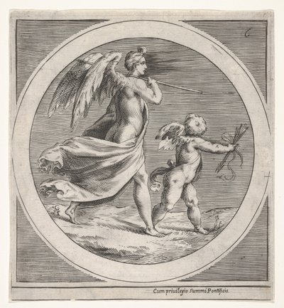 Winged Female Figure, Draped and Carrying a Staff, Striding Behind a Winged Putto by Unbekannt